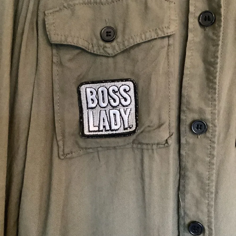 Divided “Boss Lady” Army Green Button Down. - Picture 5 of 6